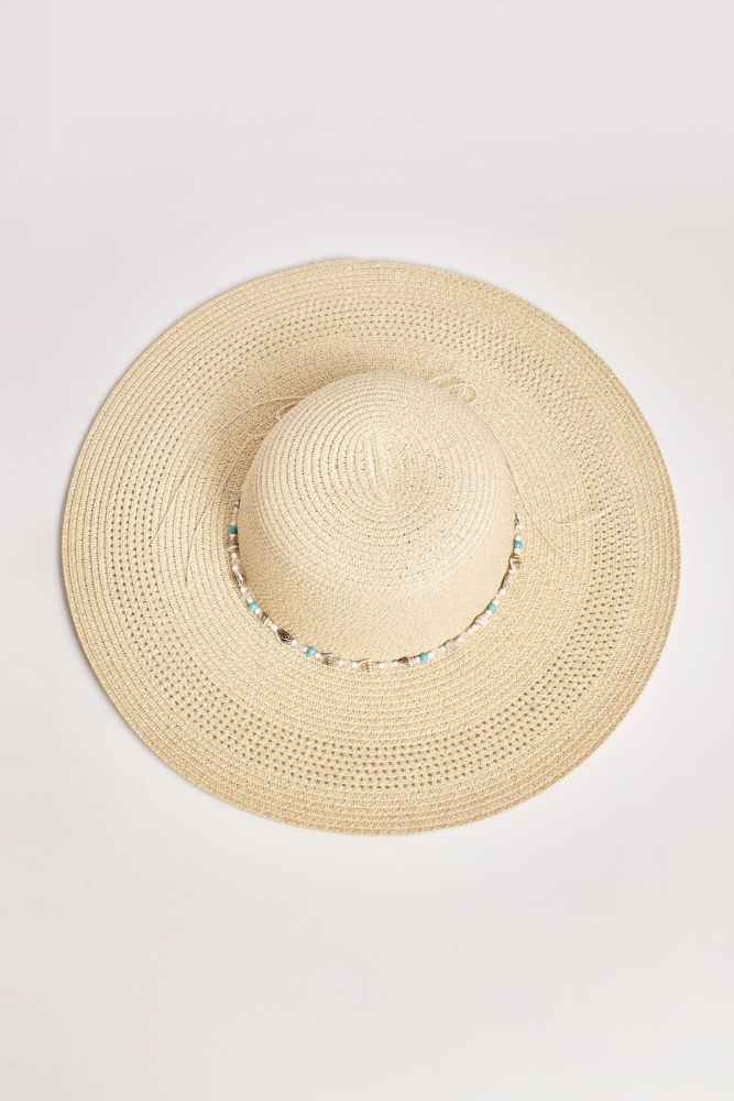 Καπέλο ψάθινο με χάντρες και κοχύλια