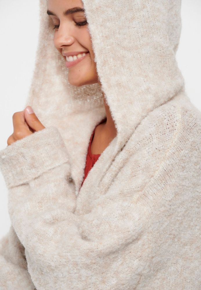 Oversized μακριά πλεκτή ζακέτα με κουκούλα