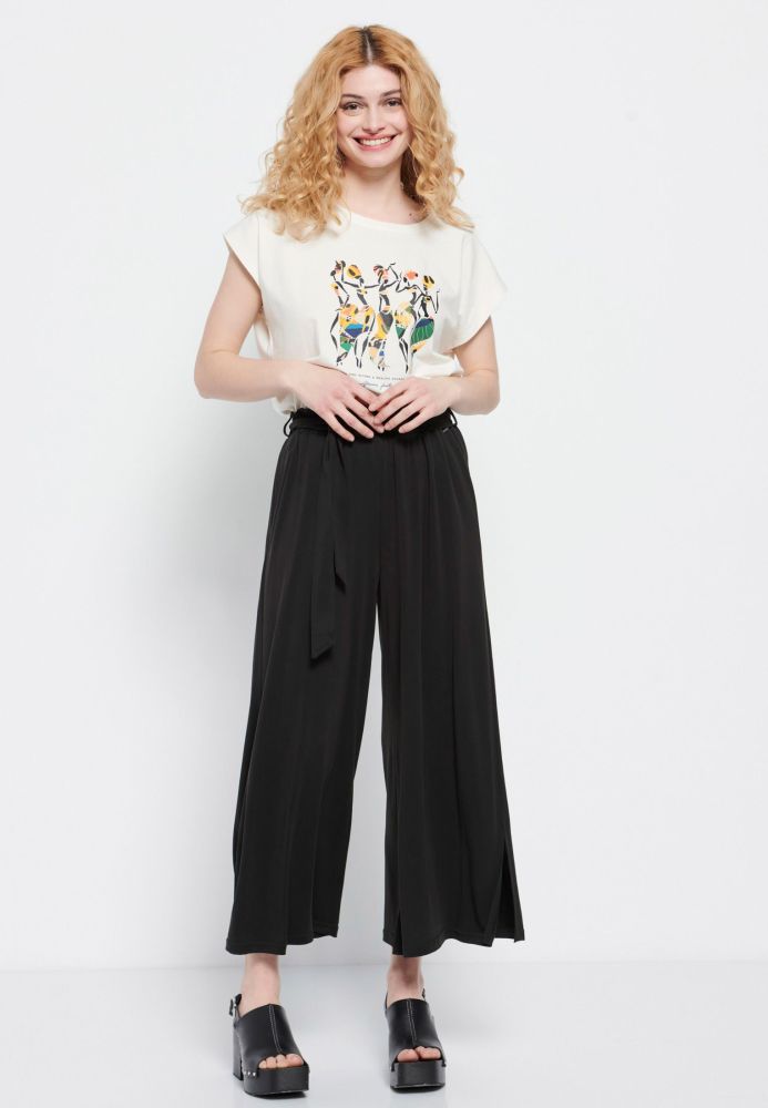 Wide leg cropped παντελόνι με ελαστική μέση