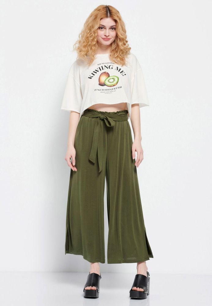 Wide leg cropped παντελόνι με ελαστική μέση