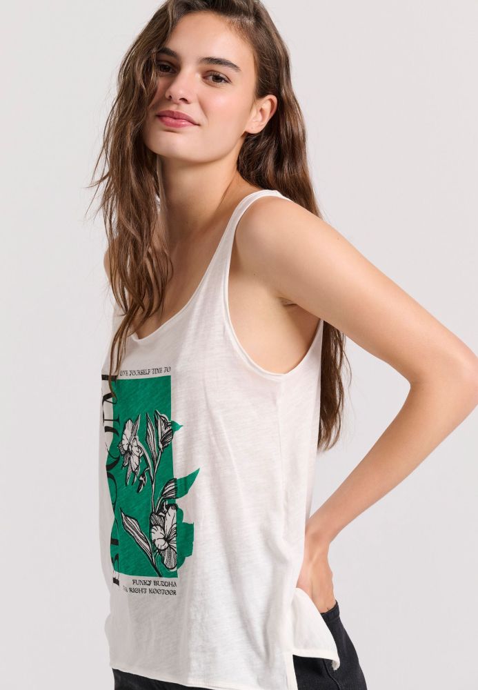 Αμάνικο t-shirt με blossom τύπωμα και raw cuts