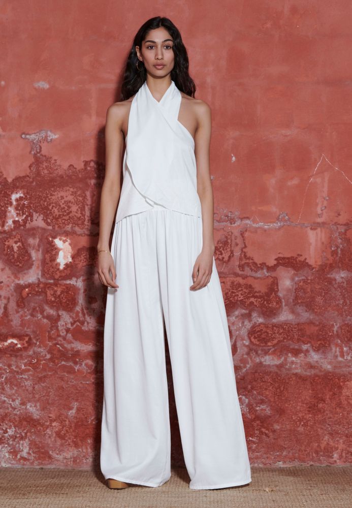 Wide leg fit παντελόνα από βισκόζη με ελαστική μέση