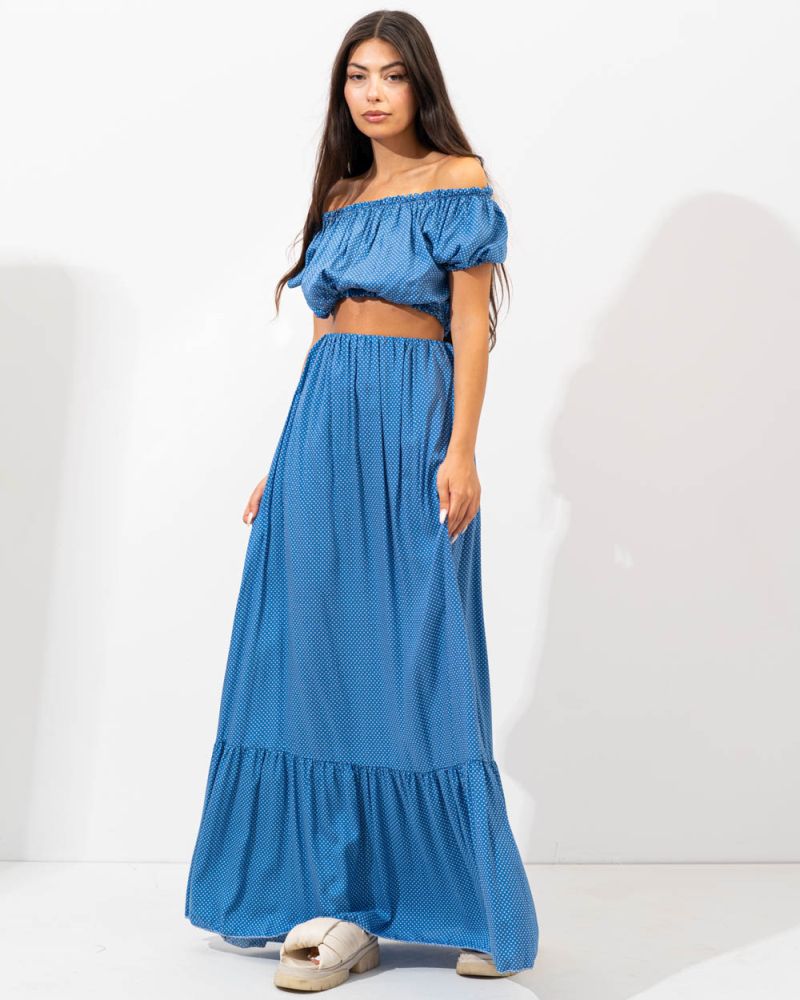 Γυναικείο σετ crop top με σούρες και maxi φούστα με βoλάν πουά