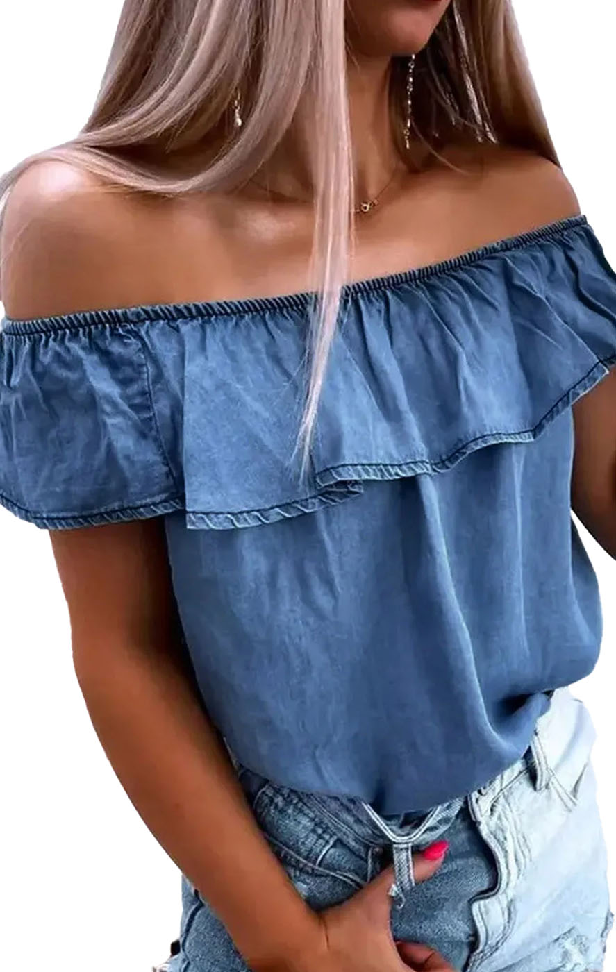 Μπλούζα Off Shoulder Ruffled Denim - Blue‌‌ Jean - LC7821044-4-Blue Jean-M