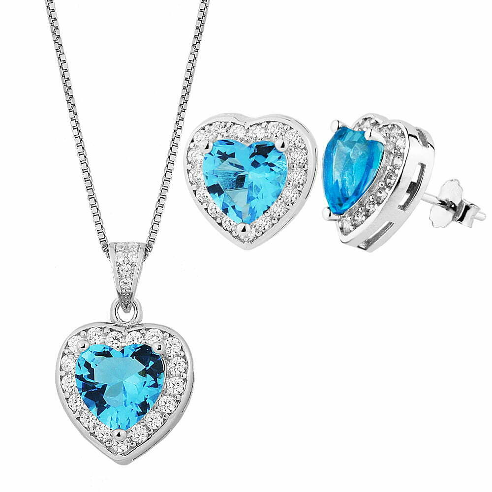 Σετ ροζέτα Καρδιά γαλάζια Aquamarine από ασήμι 925° κολιέ σκουλαρίκια