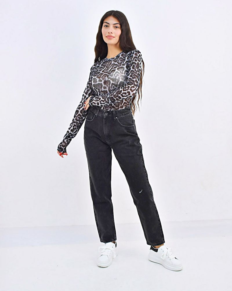 Γυναικείο sexy διάφανο κορμάκι μακρυμάνικο animal print λεύκο-μαύρο