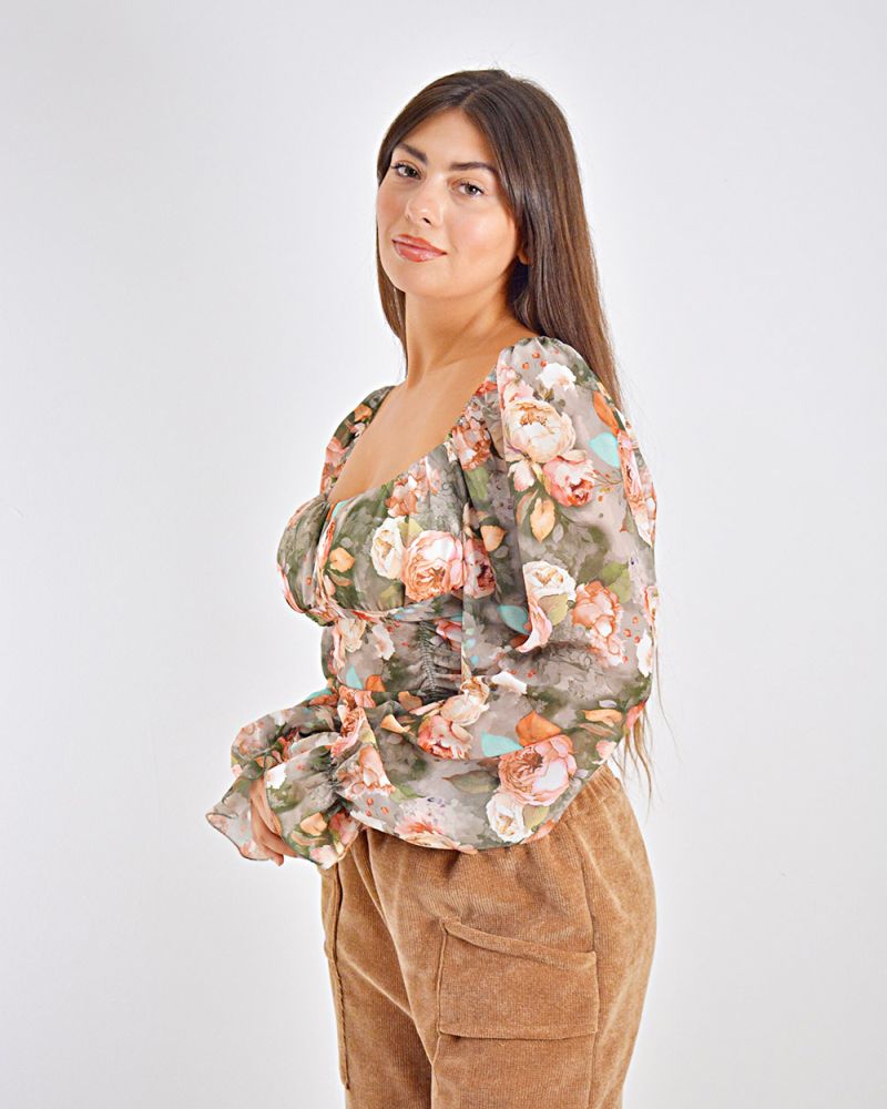 Beltipo Γυναικεία Πράσινη Μπλούζα Crop Top με Λουλουδάκια