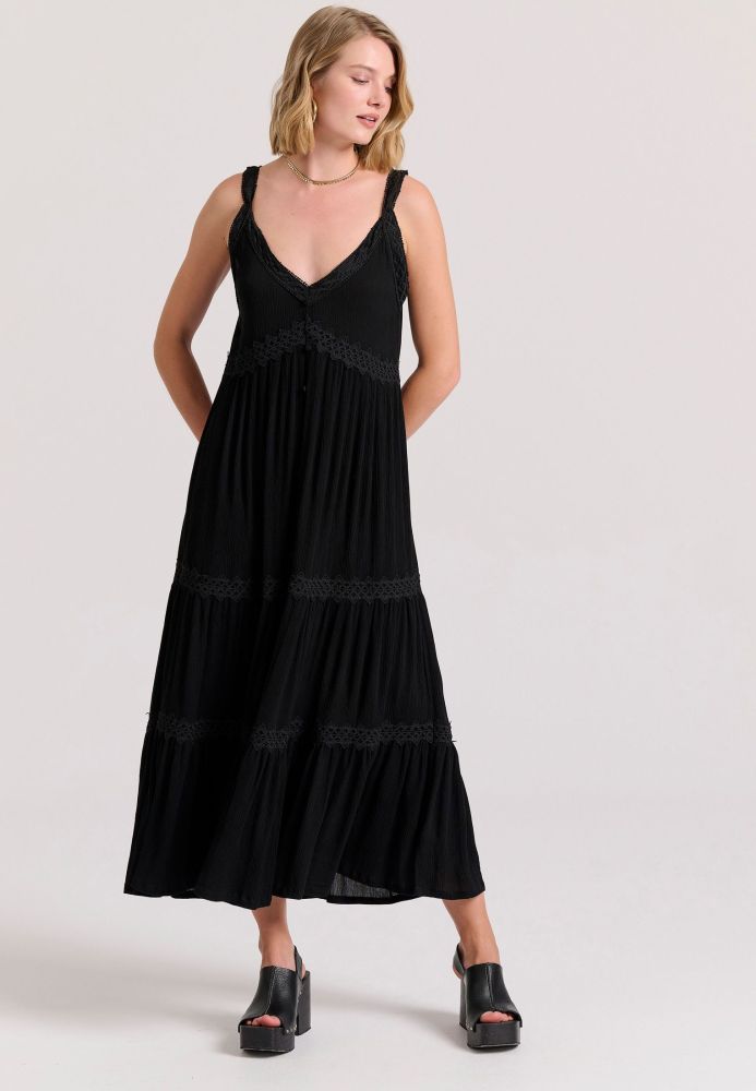 Loose fit μάξι boho φόρεμα με δανδέλα και βολάν