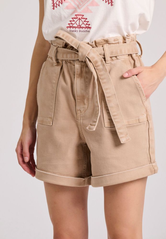 Garment dyed τζιν σορτς με δέσιμο στη μέση