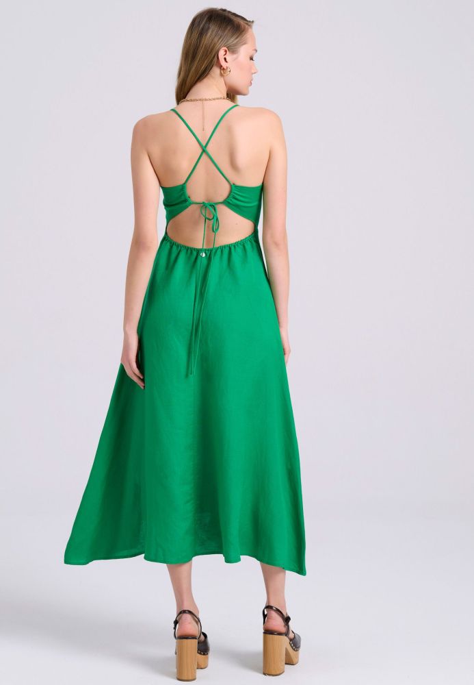 Linen blend midi φόρεμα με ανοιχτή πλάτη
