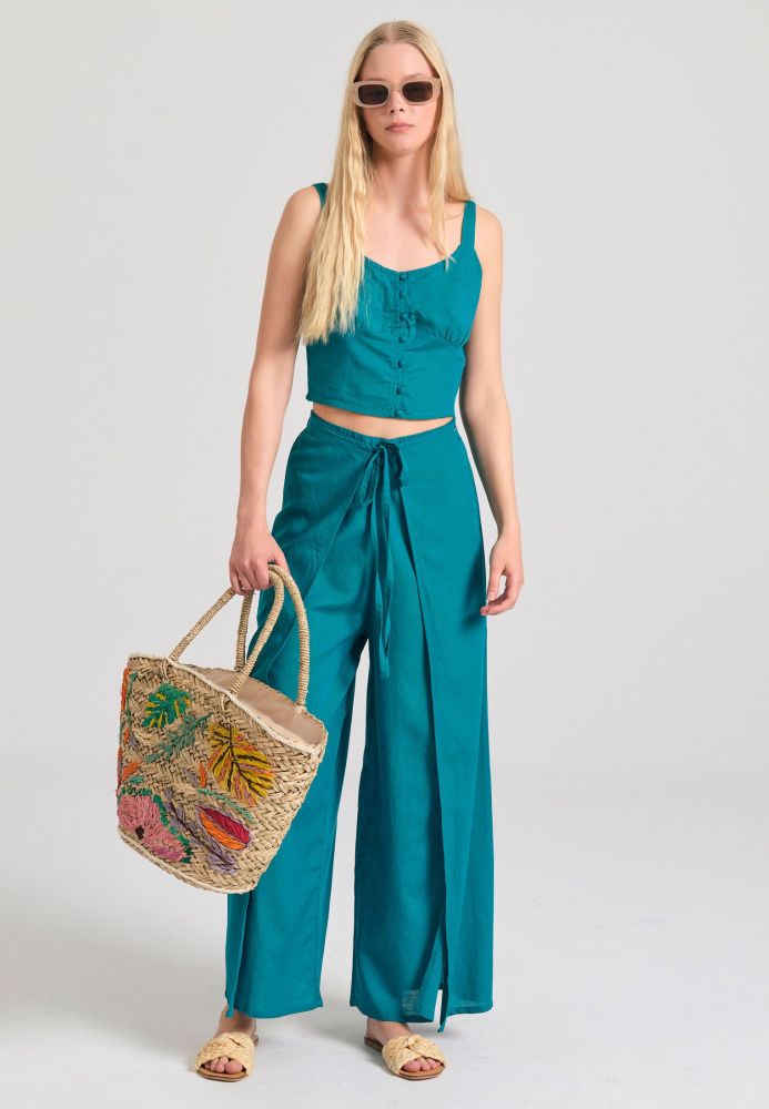 Linen blend wide leg παντελόνα με ελαστική μέση