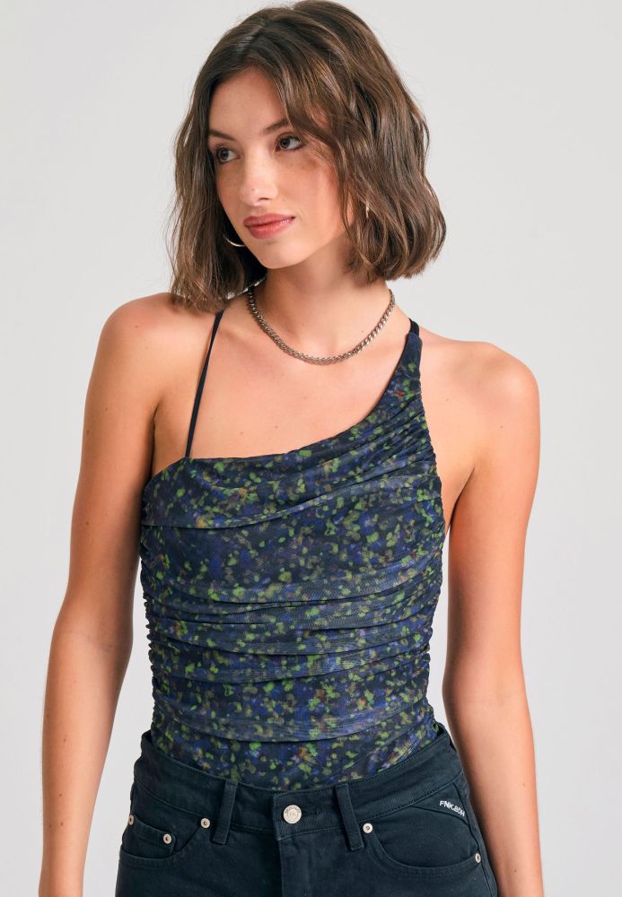 Εμπριμέ off shoulder κορμάκι με τούλι
