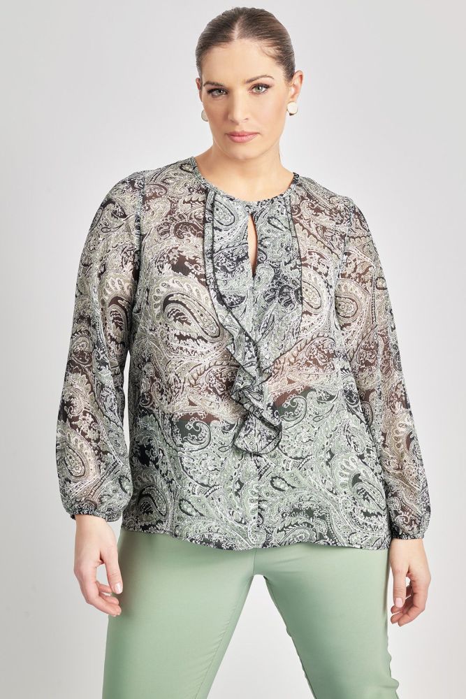 Μπλούζα chiffon εμπριμέ λαχούρι με βολάν