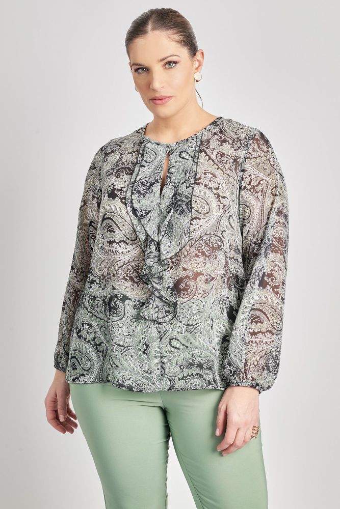 Μπλούζα chiffon εμπριμέ λαχούρι με βολάν
