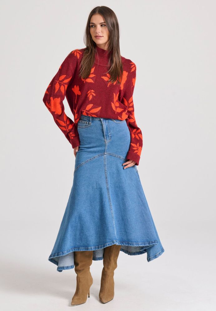 Maxi denim φούστα με ασύμμετρο τελείωμα