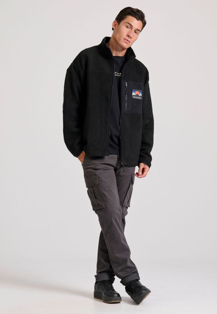 Oversized fleece ζακέτα φούτερ με τσέπη στο στήθος