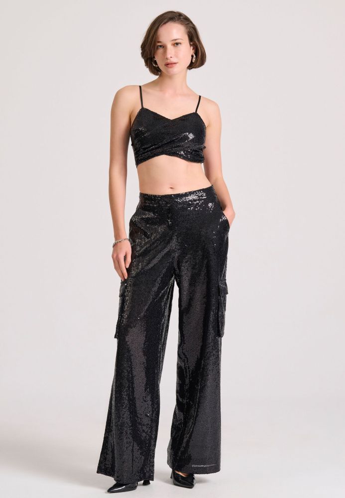 Wide leg παντελόνι cargo με παγιέτες