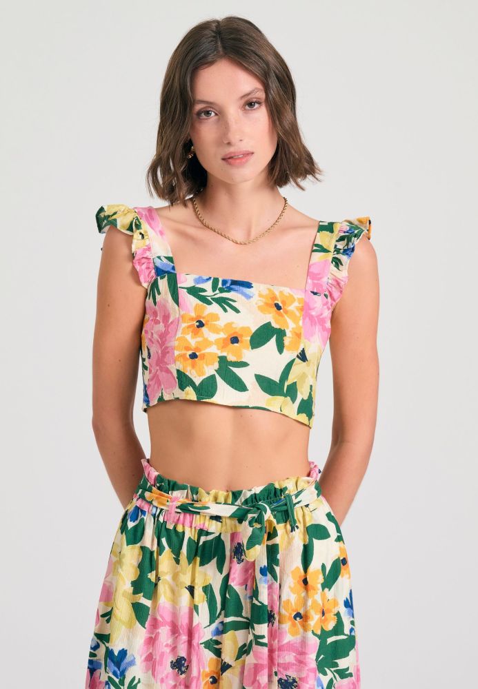 Φλοράλ cropped top με βολάν