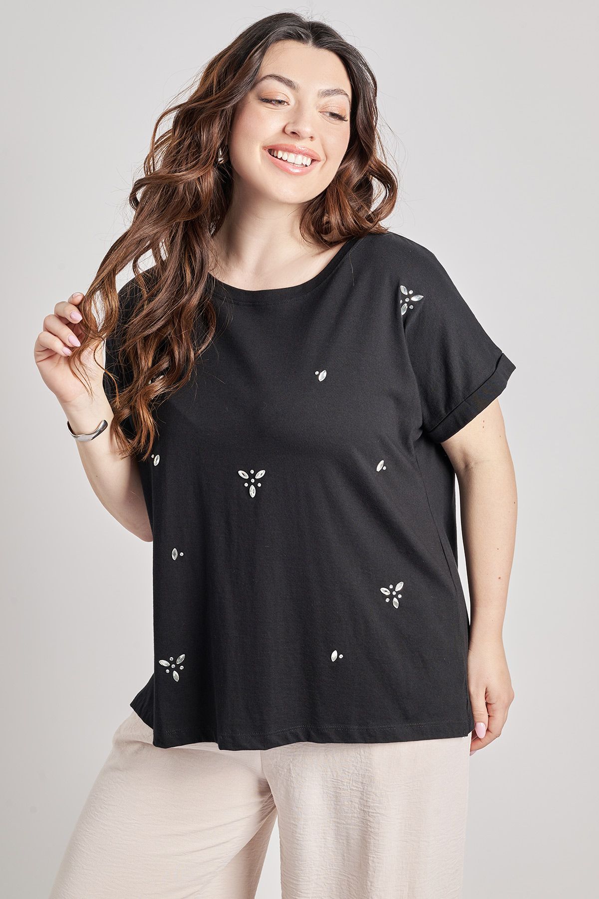 Βαμβακερό Τ-Shirt με φλοράλ σχέδιο στρας