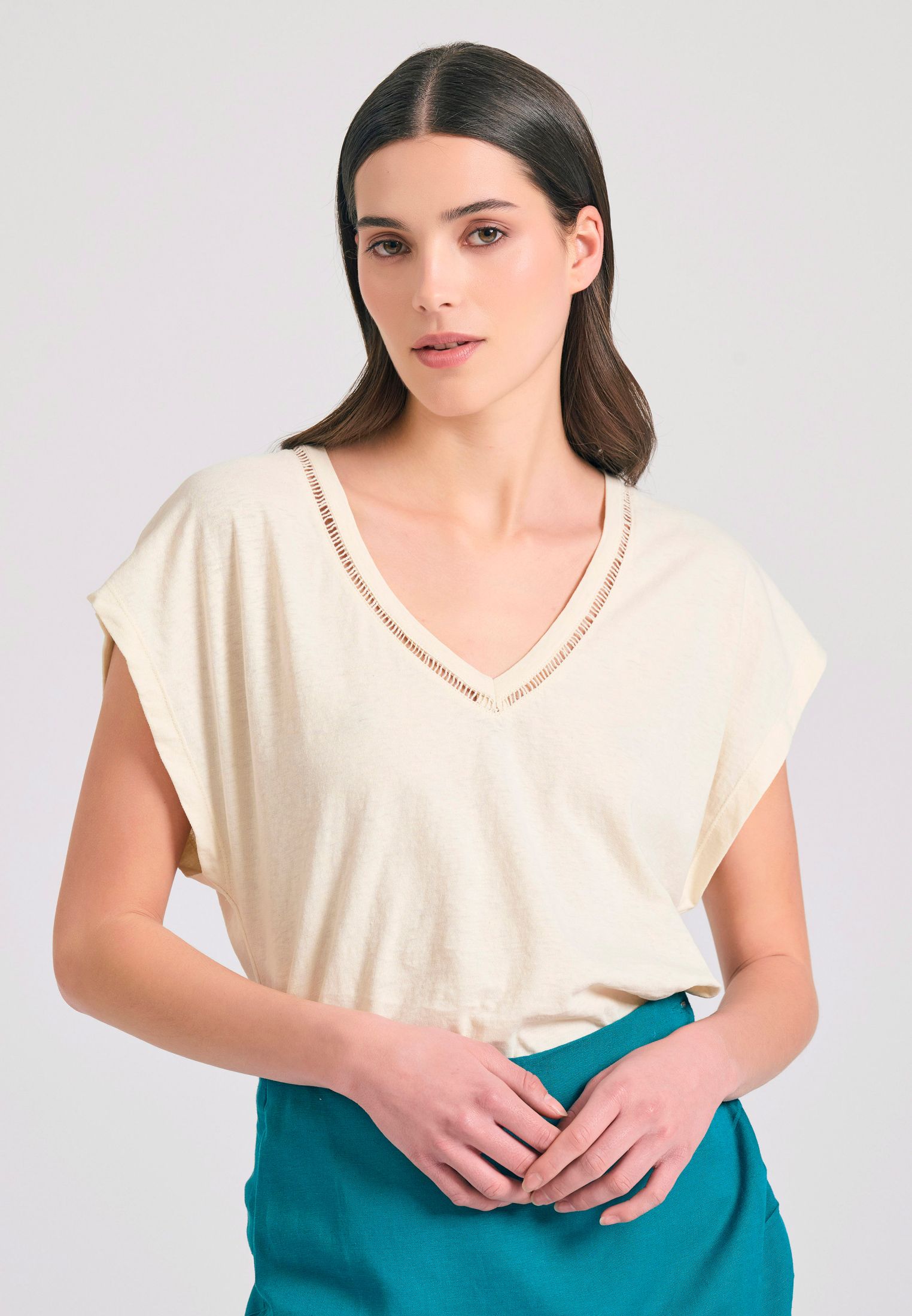 Γυναικείο linen blend μονόχρωμο t-shirt