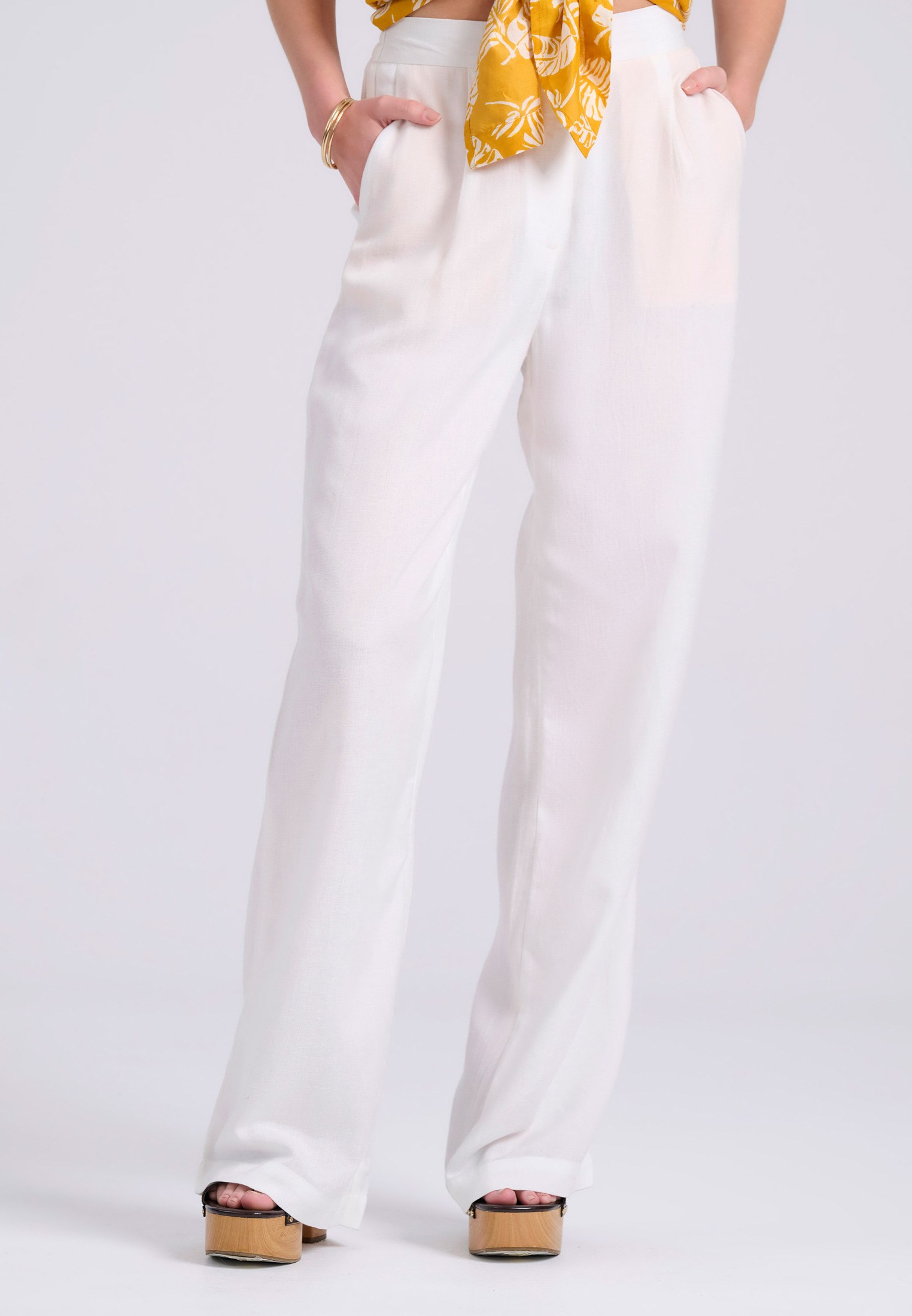 Wide leg linen blend παντελόνα με μονή πιέτα