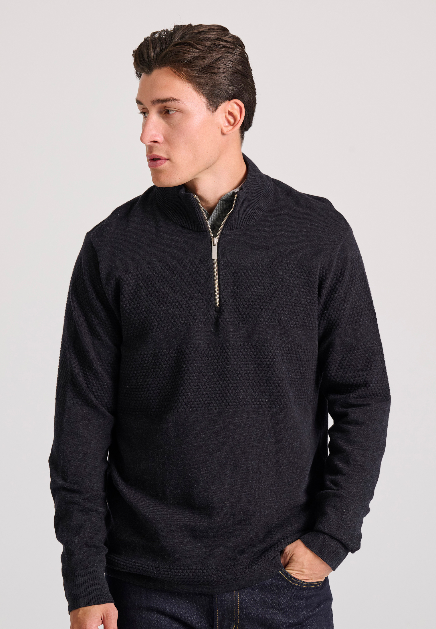 Half-zip πλεκτή μπλούζα με waffle weaving pattern