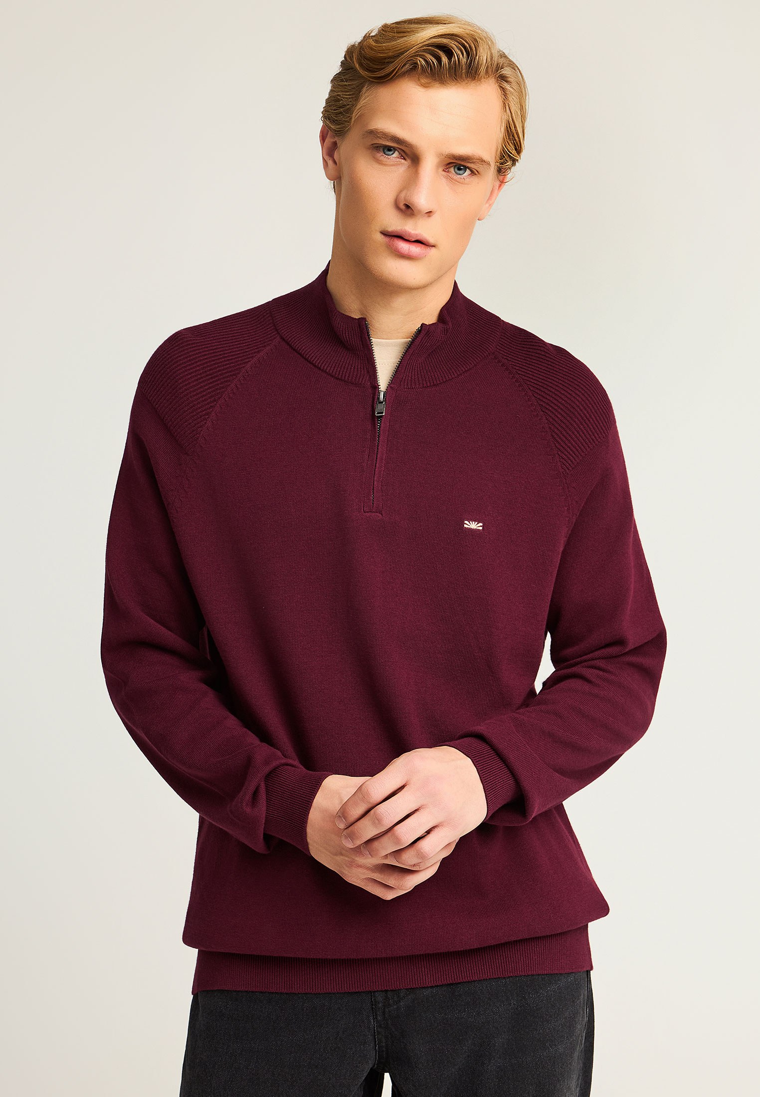 Ανδρικό μονόχρωμο half-zip πλεκτό πουλόβερ