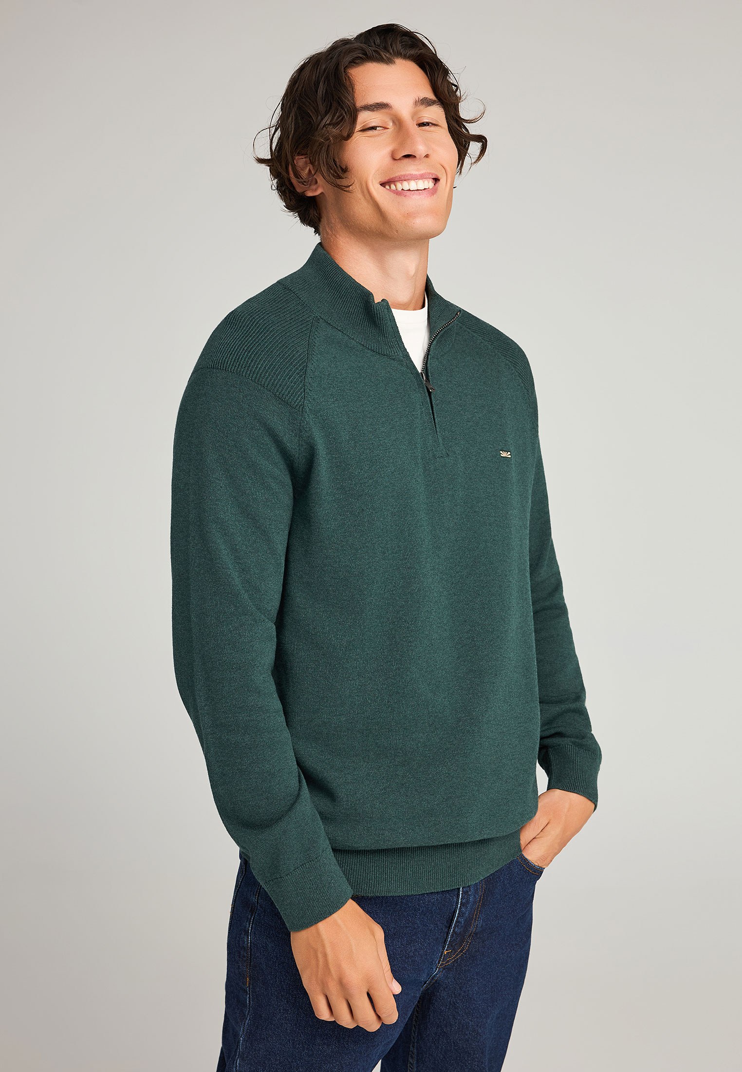 Ανδρικό μονόχρωμο half-zip πλεκτό πουλόβερ