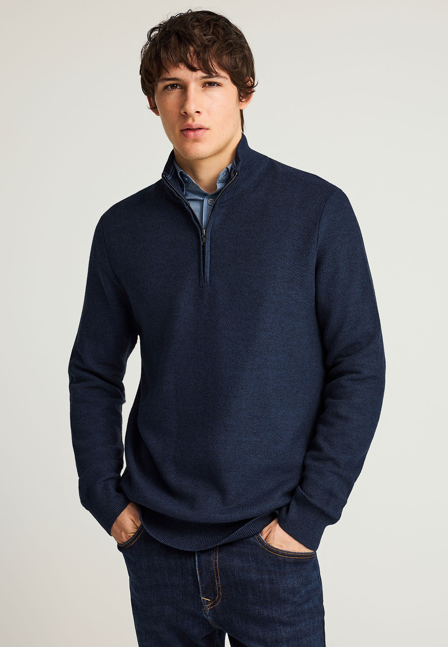 Ανδρικό μονόχρωμο half-zip πλεκτό πουλόβερ