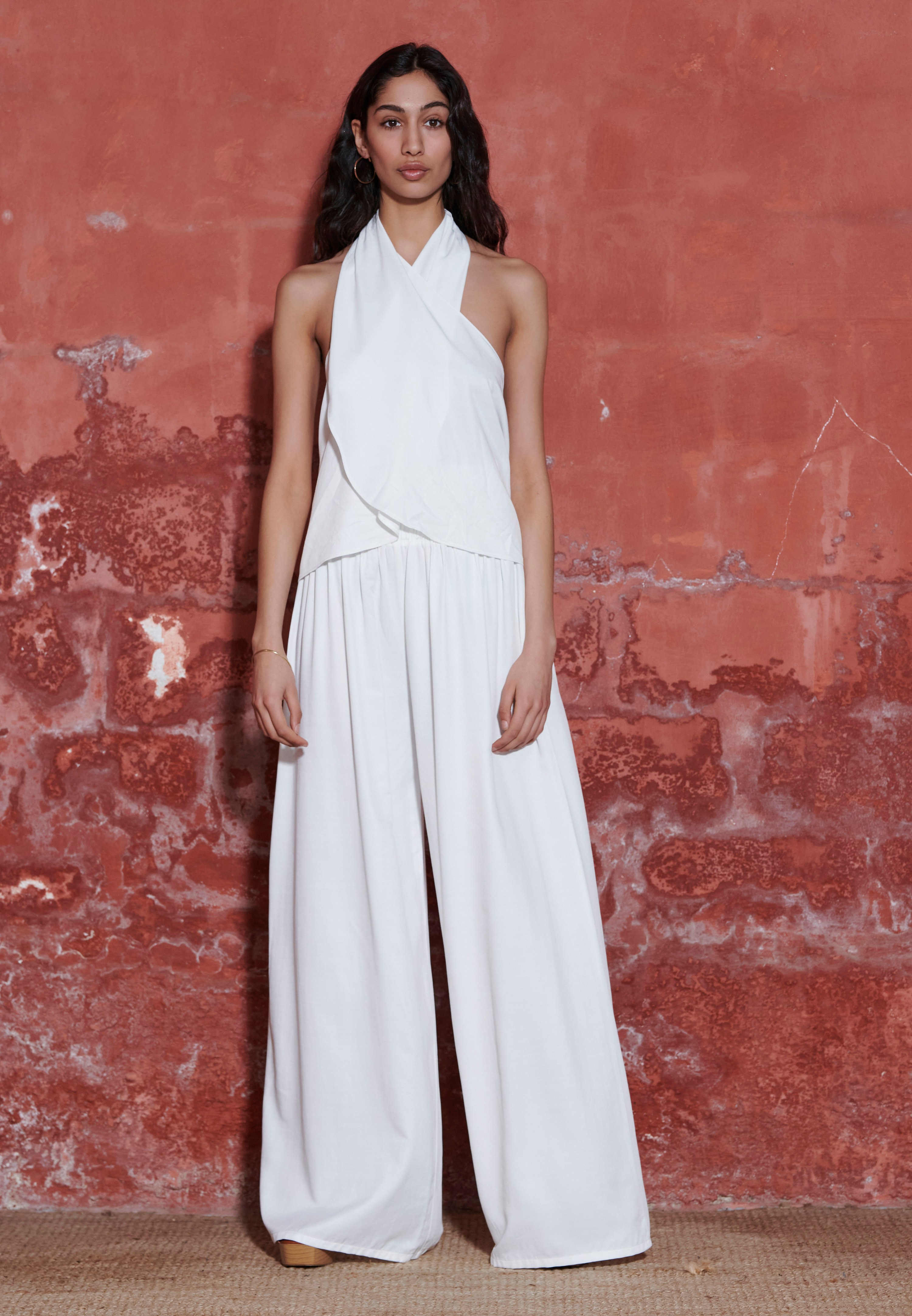 Wide leg fit παντελόνα από βισκόζη με ελαστική μέση