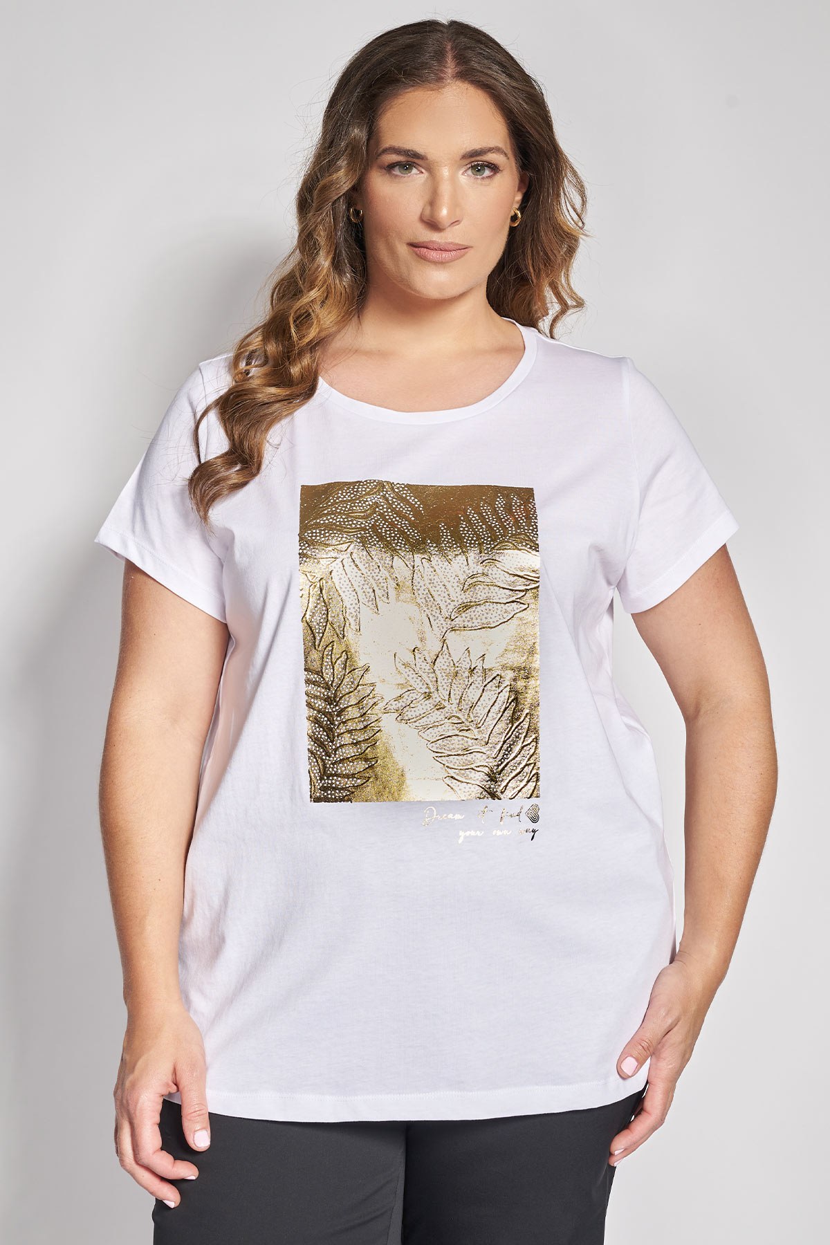 T-Shirt Μπλούζα με Foil Τύπωμα Φύλλων και Strass