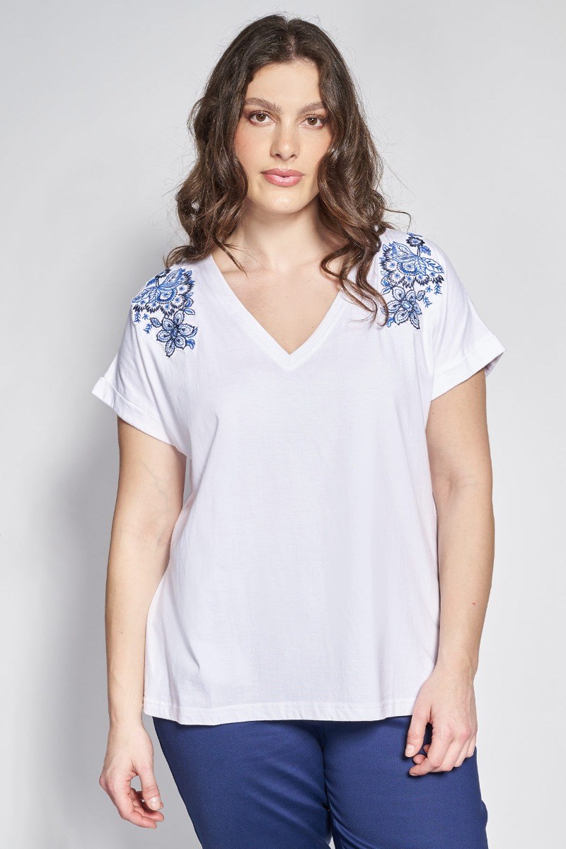 T-shirt βαμβακερό με κεντητή μπορντούρα