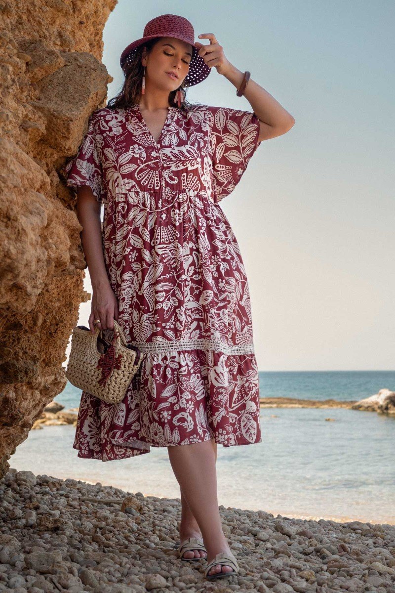 Boho Φόρεμα Εμπριμέ Botanical με βολάν