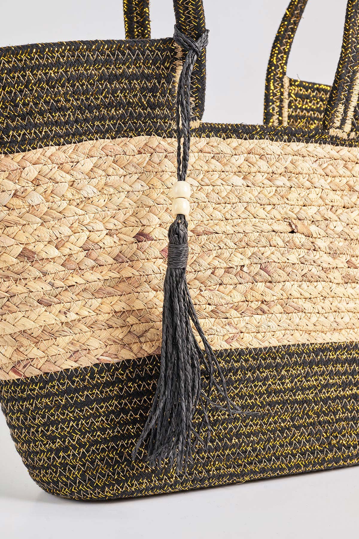 Τσάντα ψάθινη shopper με lurex διχρωμία