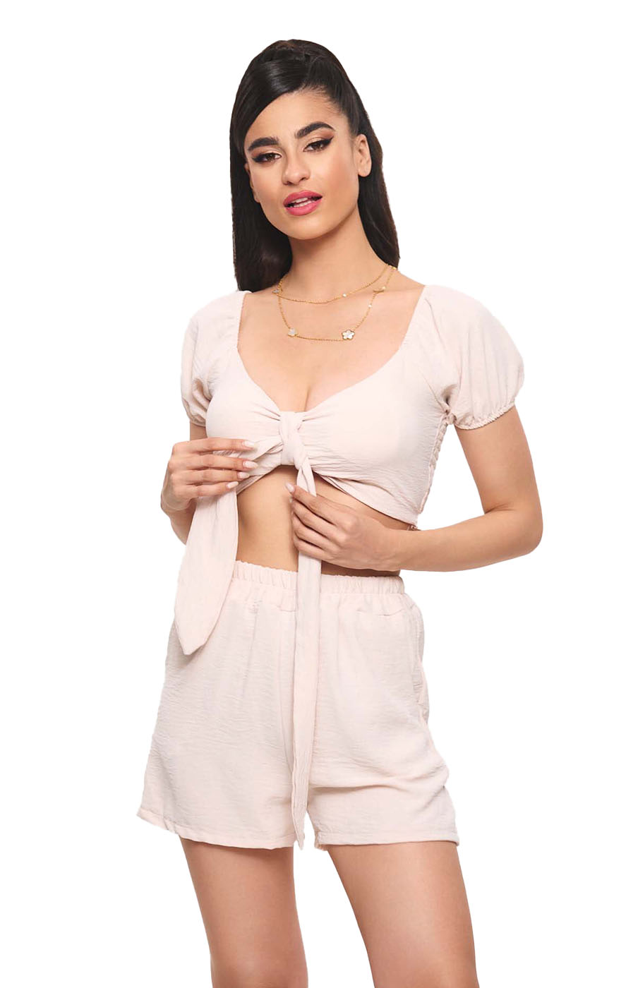Σετ Crop Top & Σορτσάκι - Μπεζ - LC77321-Μπεζ-One Size