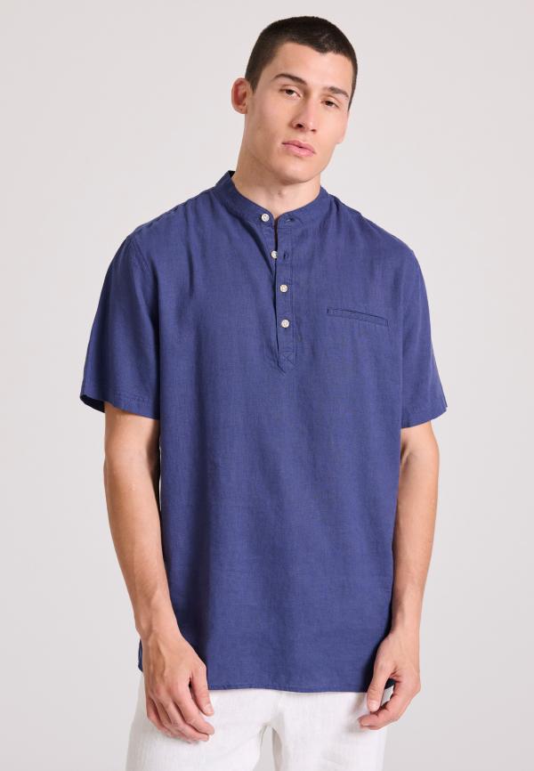 Relaxed fit linen blend κοντομάνικη πουκαμίσα με λαιμό mao