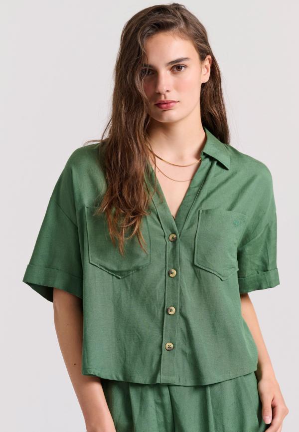 Loose fit linen blend πουκάμισο με τσέπες στο στήθος