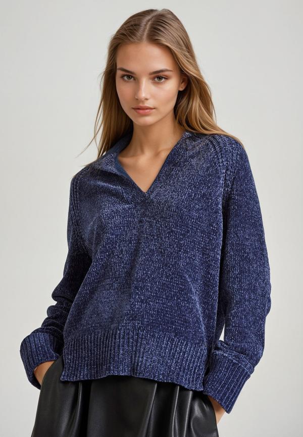 V-neck σενίλ πουλόβερ με δίπλωμα στα μανίκια