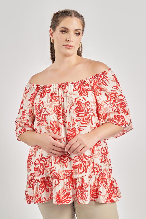 Μπλούζα βισκόζη off-shoulder με βολάν εμπριμέ τρόπικαλ