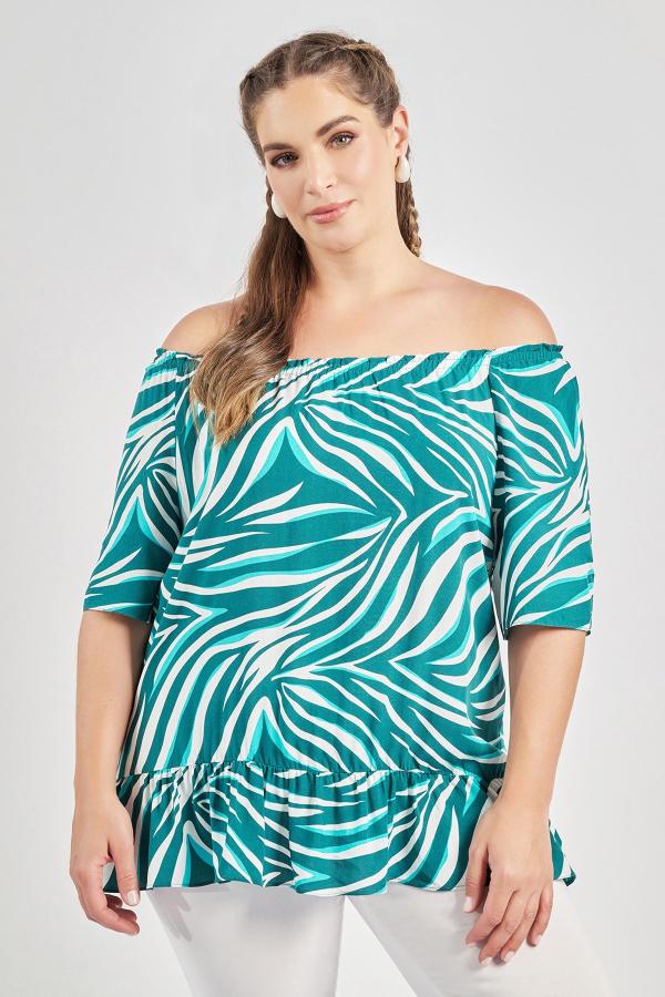Μπλούζα βισκόζη off-shoulder με βολάν εμπριμέ τρόπικαλ