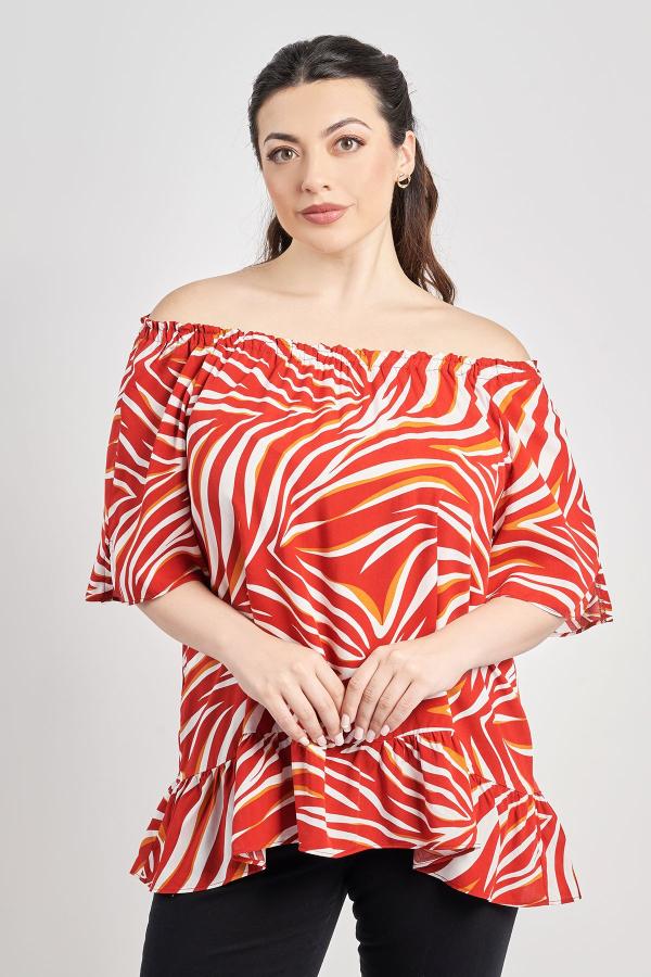 Μπλούζα βισκόζη off-shoulder με βολάν εμπριμέ τρόπικαλ