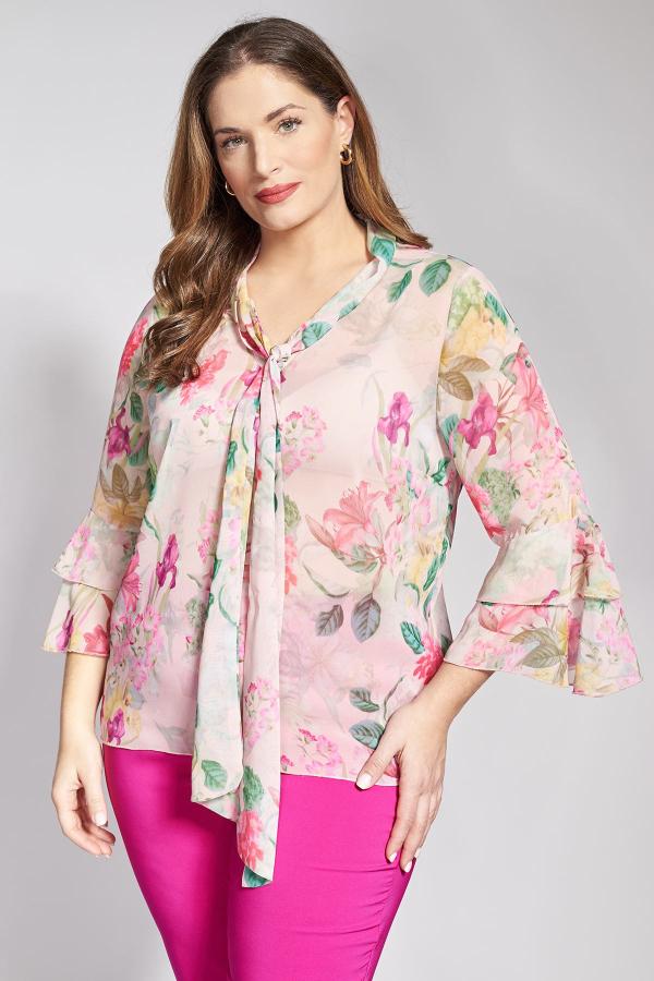 Μπλούζα chiffon με γραβάτα σε εμπριμέ φλοράλ