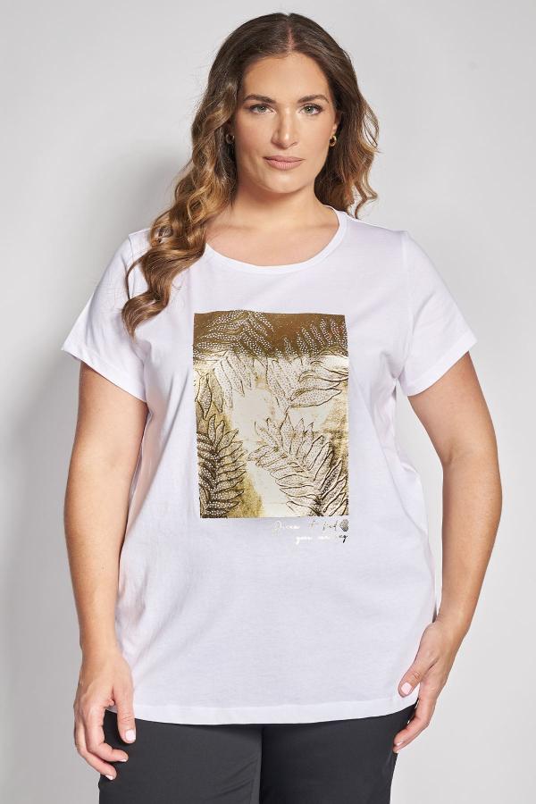 T-Shirt Μπλούζα με Foil Τύπωμα Φύλλων και Strass