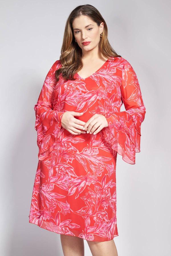 Φόρεμα φλοράλ εμπριμέ διπλό chiffon με βολάν