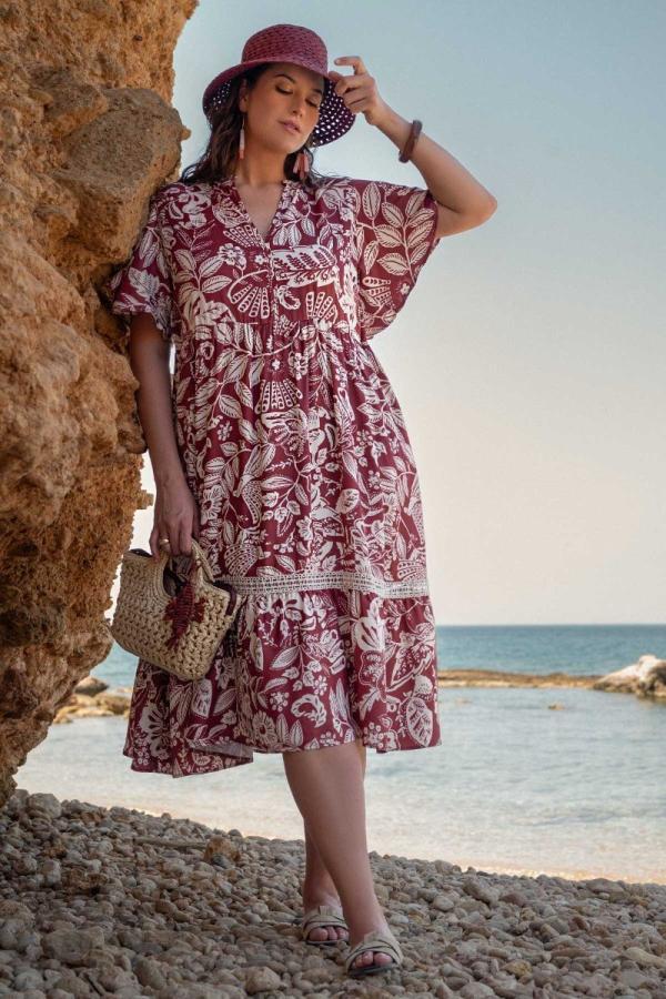 Boho Φόρεμα Εμπριμέ Botanical με βολάν