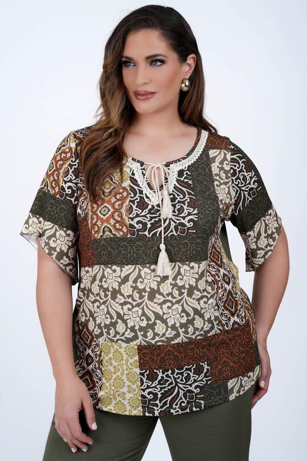 Boho-chic Μπλούζα Εμπριμέ Patchwork με δέσιμο