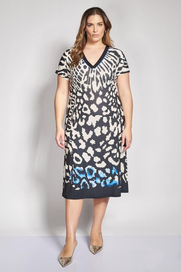 Midi φόρεμα με animal print και V λαιμόκοψη.