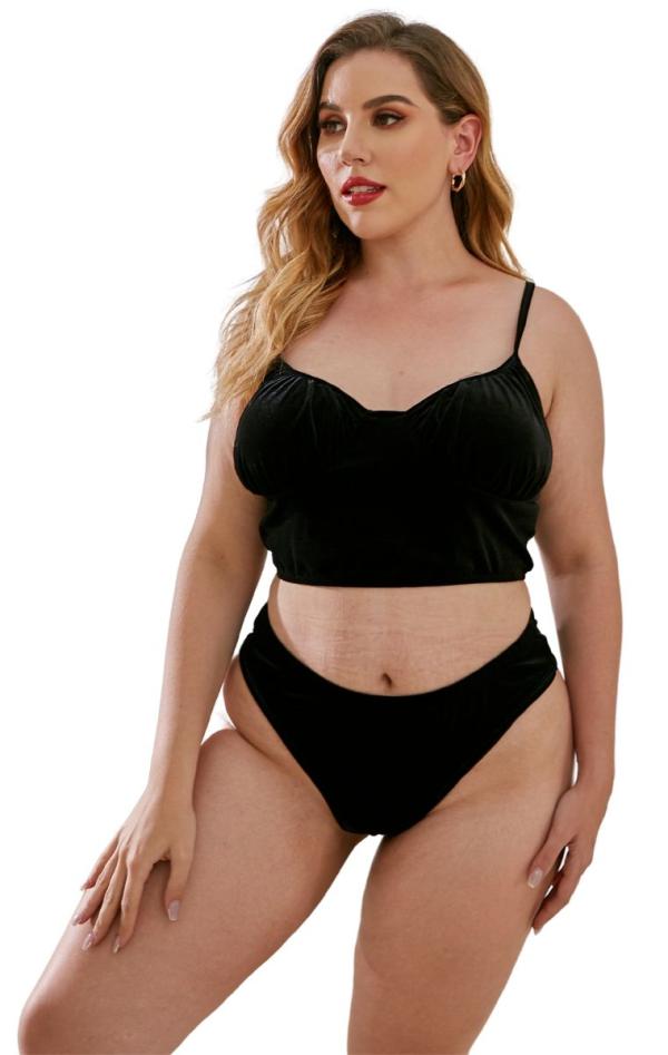 Plus Size Βελούδινο Σετ Bustier & Brazil - Μαύρο - LC14244-Μαύρο-XL